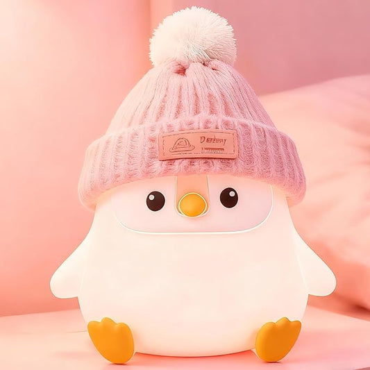 Penguin Silicone Night Light, Cute Pink Penguin Lamp with Knitted Hat, Soft Nursery Nightlight, USB Rechargeable/Dimmable,LED Squishy Novelty Animal Bedside Lamp,Funny Gifts for Kids/Girls - Bloomnest