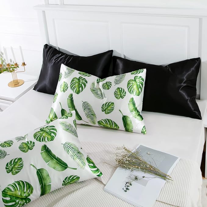 MR&HM Satin Pillowcase for Hair and Skin, Silk Satin Pillowcase 2 Pack, Queen Size Pillow Cases Set of 2, Silky Pillow Cover with Envelope Closure (20x30, Leaves) - Bloomnest