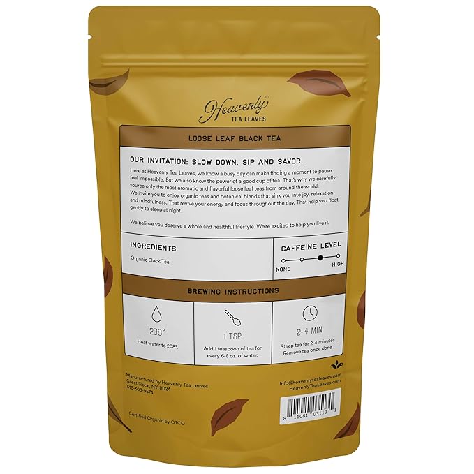 Heavenly Tea Leaves Organic Golden Black Loose Leaf Tea, 1 lb Bulk Resealable Pouch (Approx. 200 Cups) – Single-Origin Yunnan Black Tea with Golden Buds, Naturally Caffeinated for Smooth Energy - Bloomnest