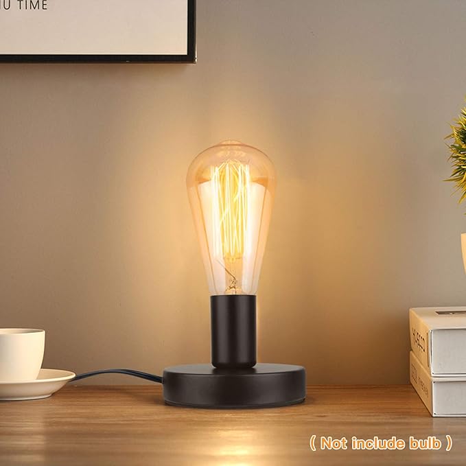 Helunsi Industrial Table Lamp Base, E26 E27 Lamp Base Without Shade, Mini Short Desk Lamp Exposed Bulb Base, Simple Metal Edison Light Bulb Stand, with 5.8ft Cord Switch Plug Bulb Base Holder (Black) - Bloomnest