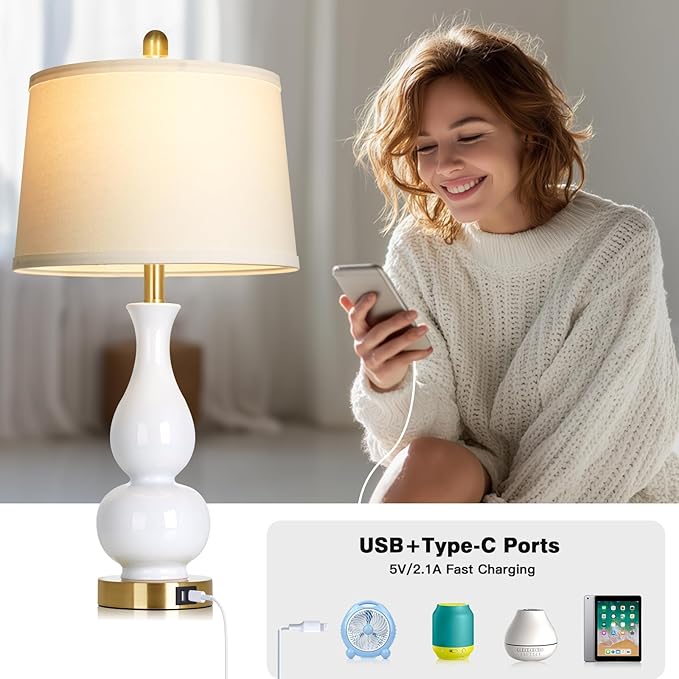 27" Double Gourd Ceramic Table Lamps Set of 2, Modern White Bedroom Lamp with USB A+C Ports, Elegant Bedside Lamp for Nightstand, Tall Lamps for Living Room Side End Table Home Decor - Bloomnest