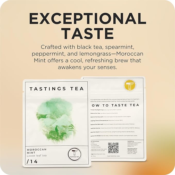 Tastings Tea Moroccan Mint Loose Leaf, 2 oz | Chinese Green Tea & Peppermint Blend | Light Caffeine | Crisp & Refreshing for Natural Digestion | Small Batch & Sustainably Sourced | Resealable Pouch - Bloomnest