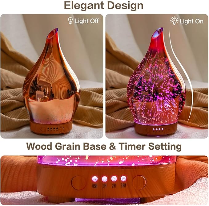 Porseme Essential Oil Diffuser 3D Firework Glass Aromatherapy Ultrasonic Humidifier Rose Gold,Auto Shut-Off,Timer Setting,BPA Free,Aroma Decoration for Home,Office,Gym,Spa,Premium Gift 100ML Porseme