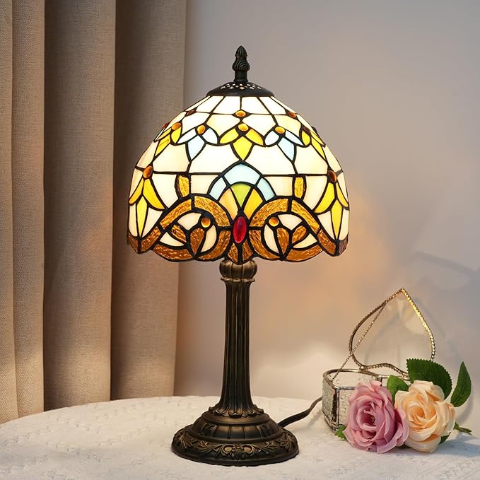 Tiffany Table 8 Inch Small Stained Glass Table Lamp Retro Baroque Reading Light, Suitable For Bedrooms Living Rooms Offices Study Rooms Tiffany Style Retro Home Decoration Crafts (Yellow, Brown) - Bloomnest