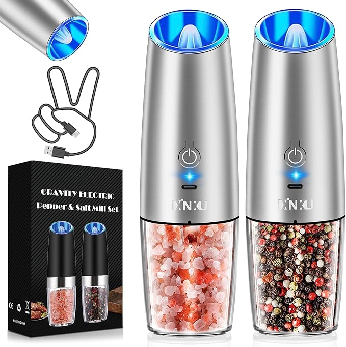 XinXu Gravity Electric Pepper and Salt Grinder Set, Adjustable Coarseness, with LED Light, One Hand Automatic Operation (Rechargeable Set/Silver X) - Bloomnest