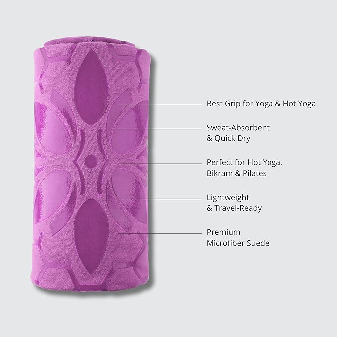 Clever Yoga Hot Yoga Mat Towel – Non-Slip Grip for Hot Yoga, Sweat Absorbent, Honeycomb Silicone Grip, Stays Flat – Ideal for Pilates, Travel, Washable & Lightweight - Lilac