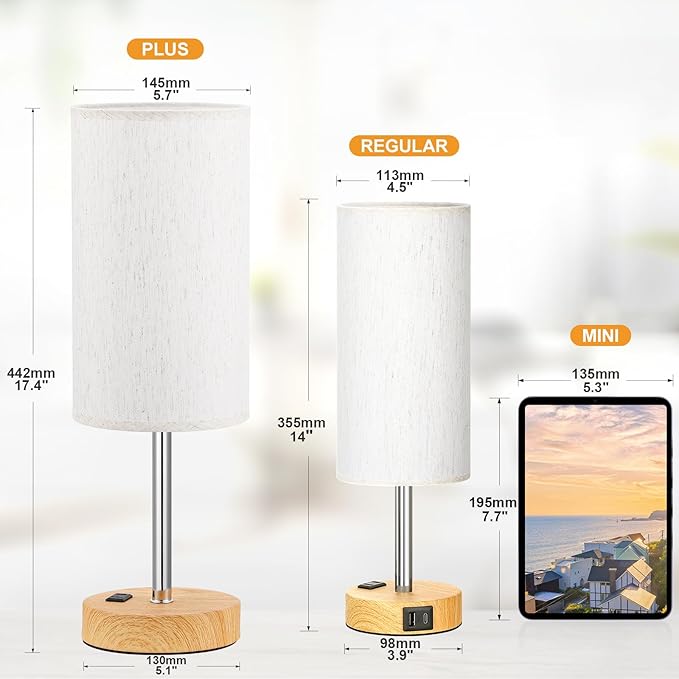 Fenmzee Touch Table Lamp - Cream, 3-Way Dimmable, USB A + C Charging, AC Outlet, 17.4inch Medium, Wood Grain Base - Bloomnest