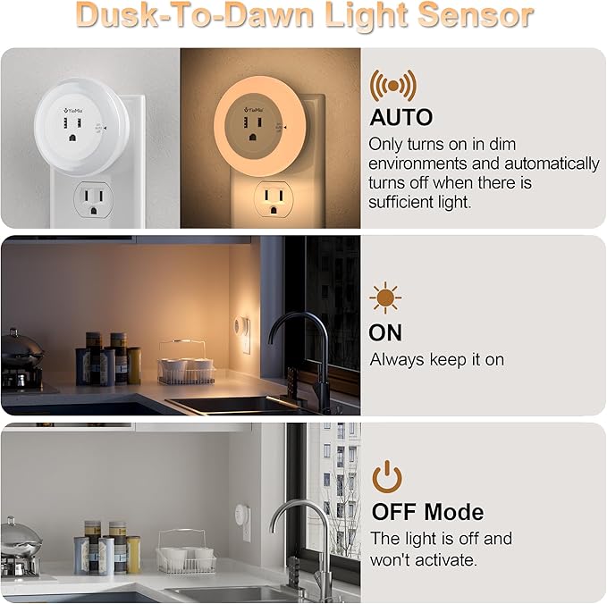 YiaMia Night Lights Plug Into Wall, Dusk to Dawn Sensor Night Light with Outlet, Warm Light Dimmable Nightlights–5-25 Lumens, Auto On/Off, Perfect for Bedroom, Hallway, Living Room & Kitchen,2Pack - Bloomnest
