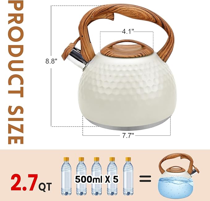 GGC Tea Kettle for Stove Top, Loud Whistling Kettle for Boiling Water Coffee or Milk, 3.1 Quart 3L Heavy Stainless Steel White Kettles with Wood Pattern Handle, Unique Button Control Kettle Outle - Bloomnest
