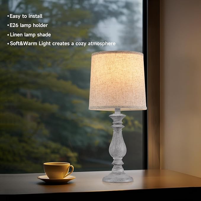 Lamps Set of 2 Vintage Rustic Farmhouse Table Lamps Bedside Reading Lamp Bedroom Nightstand Living Room Teapoy Lamp, Desk Light, 22 Inch High,Light Grey, with Fabric Shade, Bulb Not Included - Bloomnest