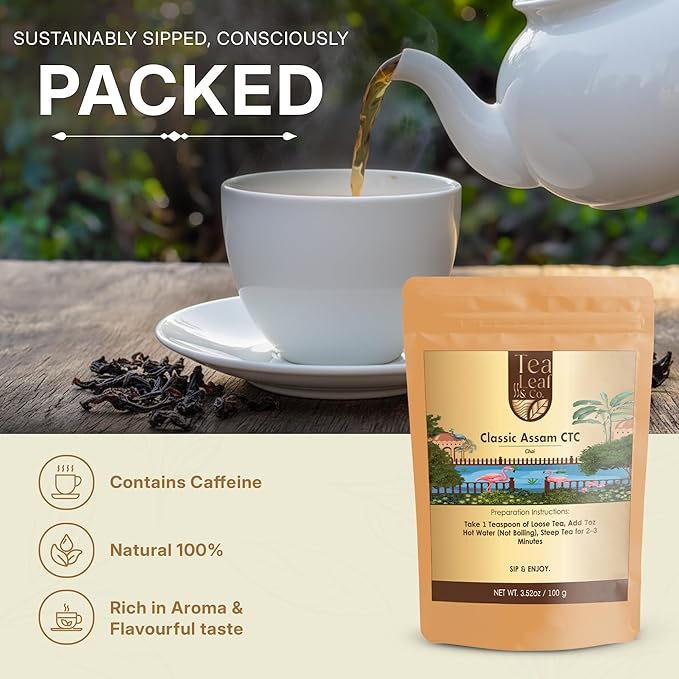 Tealeaf & Co. Classic Assam CTC Chai - 100% Pure Loose Leaf Black Tea - Low Caffeine Premium Tea - Upto 50 Servings (3.52oz/100gm) - Bloomnest