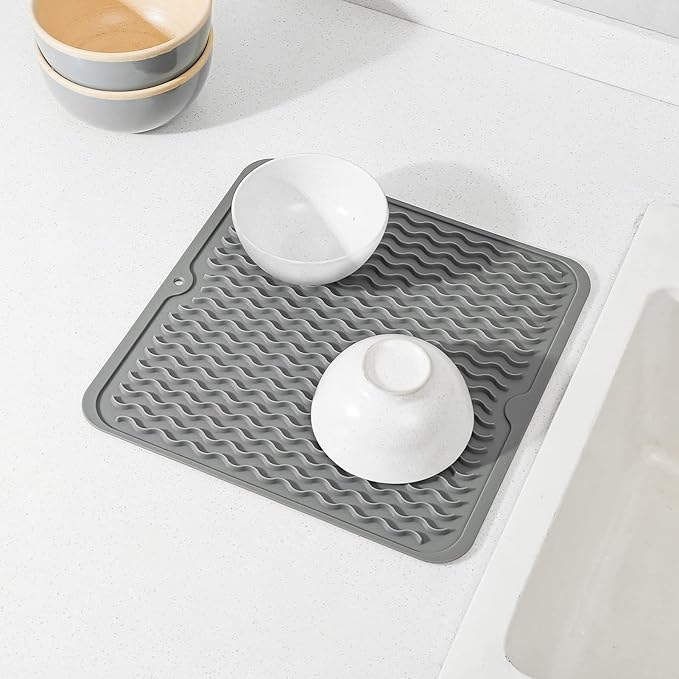 Silicone Dish Drying Mat for Multiple Usage,Easy clean,Eco-friendly,Heat-resistant Silicone Mat for Kitchen Counter or Sink,Refrigerator or Drawer liner Grey M 12 inches x 12 inches - Bloomnest