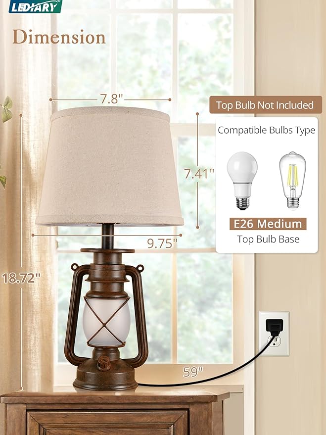 LEDIARY 18.72" LED Vintage Lantern Flickering Flame Table Lamps for Bedrooms Set of 2, Small Farmhouse Rustic Vintage End Table Lamps, Halloween Decorative Lantern Bedside Lamps for Living Room - Bloomnest