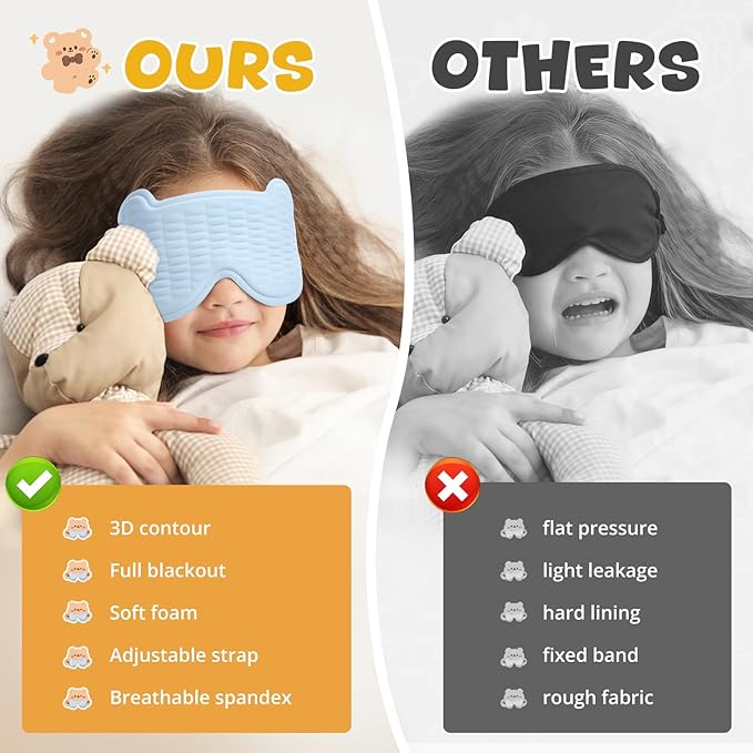3D Kids Sleep Mask – Cute Bear Eye Mask for Sleeping, Comfortable Memory Foam Sleep Mask for Kids, Adjustable Strap and Lightweight Sleeping Mask for Boys Girls Teens Ages 5-15 (Blue) - Bloomnest