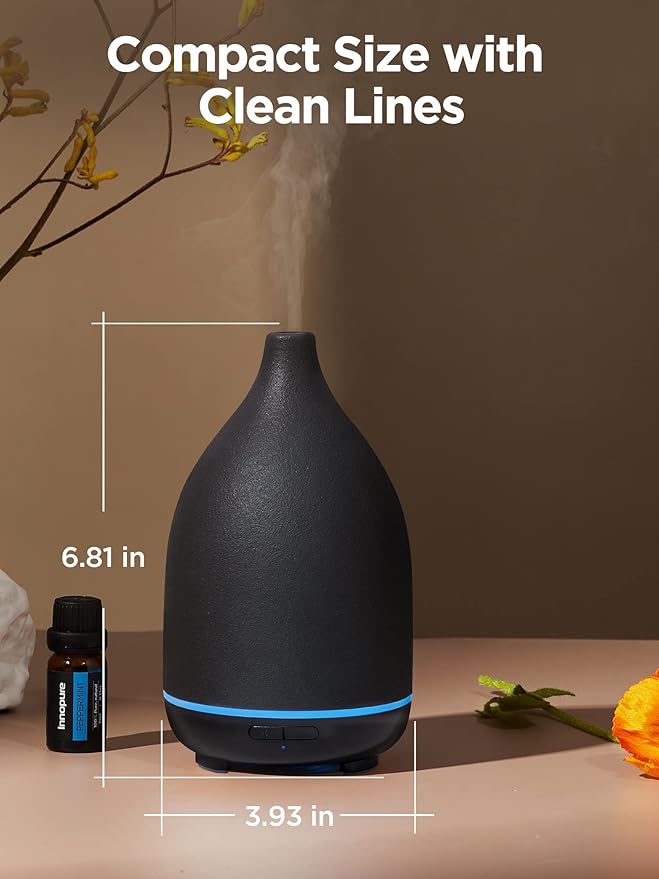 InnoGear Oil Diffuser, 150ML Ceramic Diffuser for Essential Oils Handcrafted Aromatherapy Diffuser Ultrasonic Cool Mist Humidifier with 2 Mist Modes Waterless Auto Off for Room Office, Black - Bloomnest
