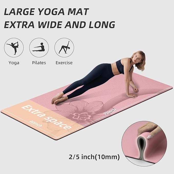 Large Yoga Mat 75"x 40"x10mm (2/5 inch) – Extra Thick & Wide, TPE Fitness Mat, Printed Non-Slip Exercise Mat with Carrying Strap for Men & Women, Pilates, Stretching, Fitness & Workout - Bloomnest