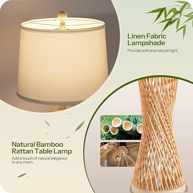 24.4”Farmhouse Rattan Table Lamps Set of 2, Touch Bedside Lamps for Bedroom with 3-Way Dimmable Night Light, USB A+C Charging Ports, Bamboo Boho Nightstand Lamps, White, W04TC05 - Bloomnest