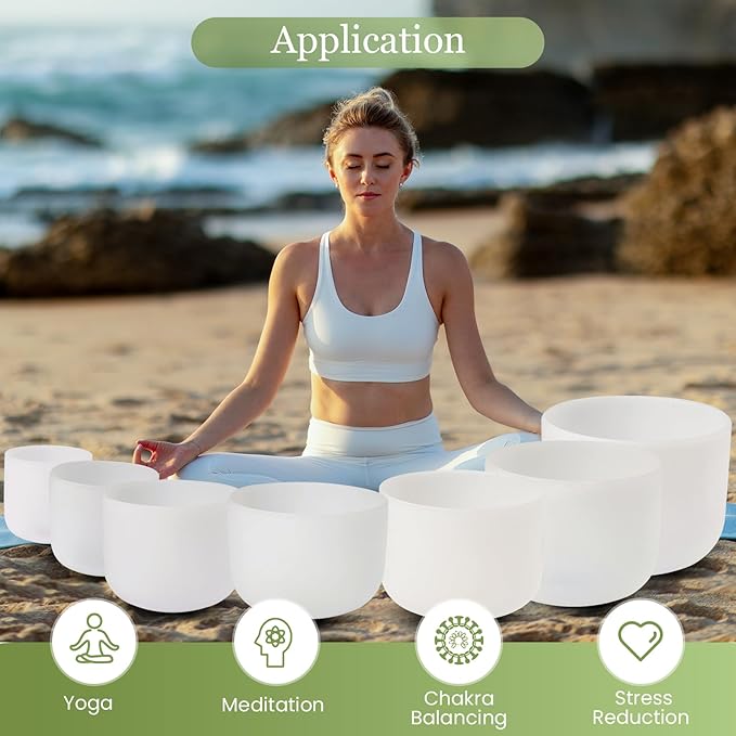 432HZ 6-12 Inch 7 Pcs White Frosted Crystal Singing Bowl Set for Meditation Healing Yoga Chakra Quartz Crystal Sound Bowls with Heavy Duty Carry Cases and Rubber Mallet,Suede Striker,O-rings - Bloomnest