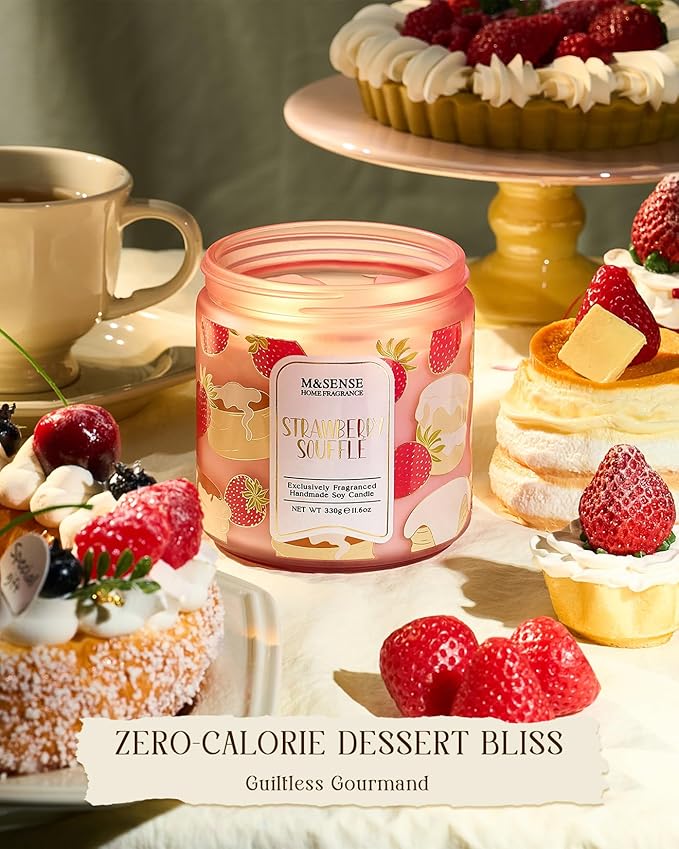M&SENSE Strawberry Souffle Scented Candle, 11.6oz Natural Soy Wax Non Toxic, 2 Wick Jar Candle, Up to 70 Hours Clean Burn, Gifts for her to Creat a Sweet Ambiance - Bloomnest
