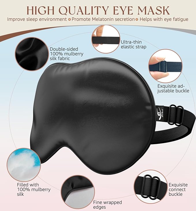 HiRui Silk Sleep Mask, 100% Natural Mulberry Silk of Double-Sided & Inner-Filling, Ultra-Smooth Soft, Adjustable Strap, Blocks Light for Night Sleeping, Travel, Office Naps (Black) - Bloomnest