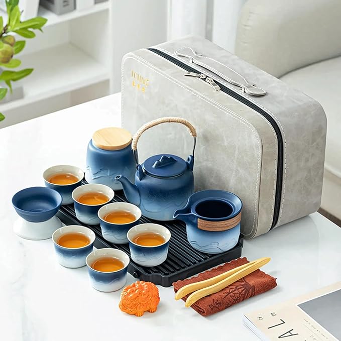 ICHAG Chinese Tea Set, Japanese Tea Sets for Adults, 15-Piece Porcelain Gongfu Tea Set with Tea Pet & Tea Tray, Japanese Teapot Set, Travel Tea Party Set, for Home/Office/Outdoor/Gifts (Blue) - Bloomnest