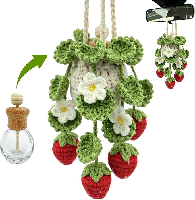 Crochet Car Air Freshener, 15ml Empty Refillable Oil Diffuser Bottle with Hanging Crochet Strawberry Plant for Car Rearview Mirror Air Freshener Diffuser for Home, and Office Decor - Bloomnest