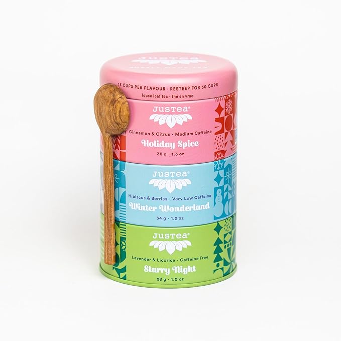 JusTea HOLIDAY TEA TRIO | Stacking Tins Variety Pack with Hand Carved Tea Spoon | Loose Leaf Tea | Variable Caffeine | Award-Winning | Fair Trade | Non-GMO - Bloomnest