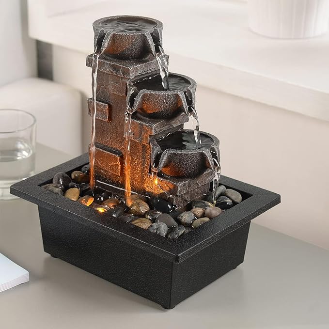 GOSSI Home Décor Imitation 3-Tier Stone Wall Tabletop Fountain Many Natural River Rock Office Relaxing Desktop Zen Waterfall Meditation Tabletop Fountain LED Lights Fountain Christmas Decorations - Bloomnest