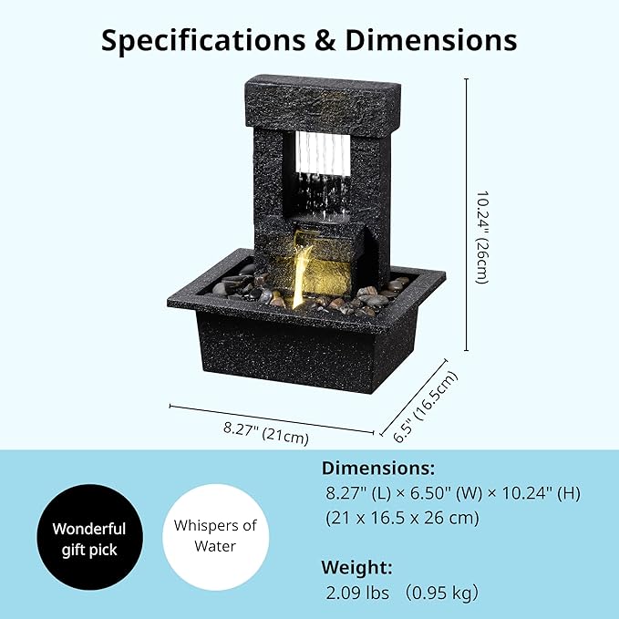 Indoor Tabletop Water Fountain with LED Light – Modern Black Desk Waterfall Feature with Soothing Sounds and River Rocks, Relaxation Zen Decor for Home Office Bedroom - Bloomnest