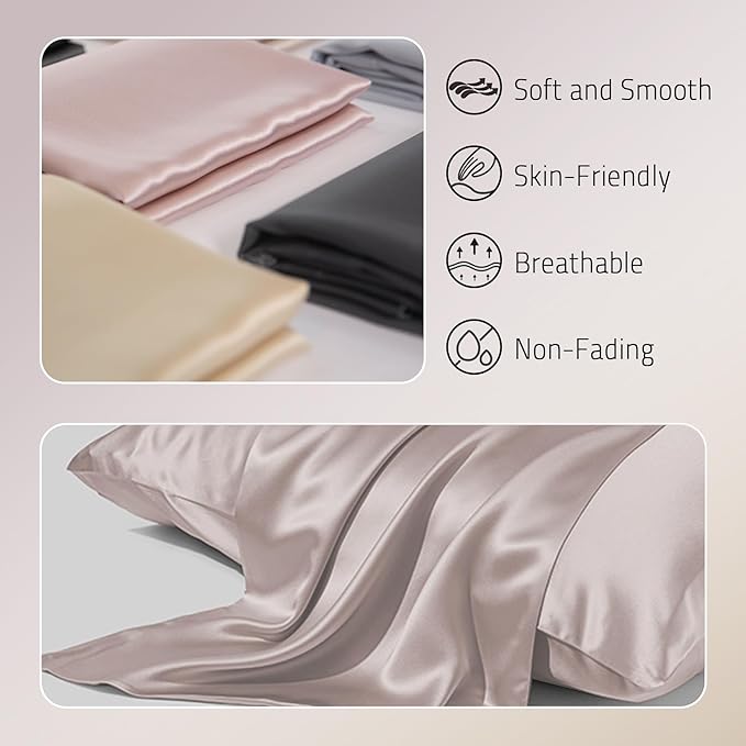 Mulberry Silk Pillowcases Set of 2, Both Sides Real Silk for Hair and Skin Prevent Acne Pillowcase Organic Silk Pillow Cases 2 Pack with Hidden Zipper, Apricot Grey, Standard (20"×26") - Bloomnest
