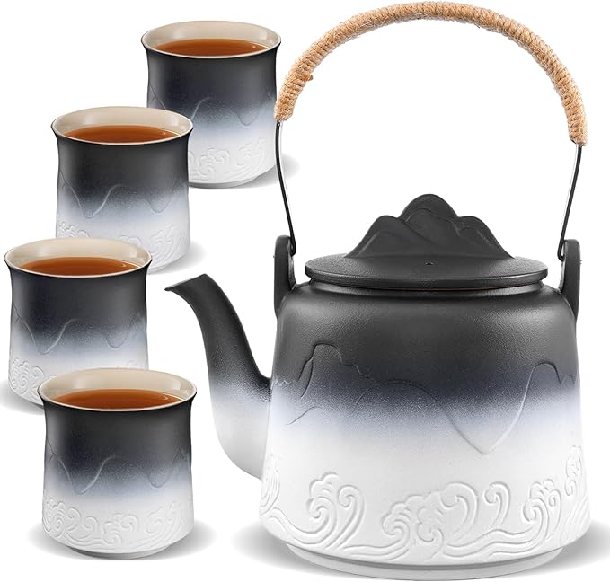 ZENS Vintage Japanese Tea Set, 33.8 oz Gradient Embossed Ceramic Japanese Teapot with Built-in Strainer for Tea Steeper, Hemp Rope Handle Loose Leaf Tea Pot with 4 Cups for Tea Party, Black & White - Bloomnest