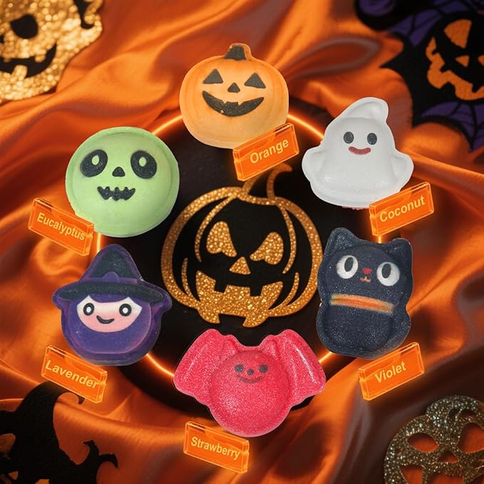 Halloween Bath Bombs for Kids & Women, Handmade Spooky Bath Bomb Set of 6 Fun Shapes – Perfect Gifts for Kids, Skin Care Bathbombs for Girls’ Spooky Celebration - Bloomnest