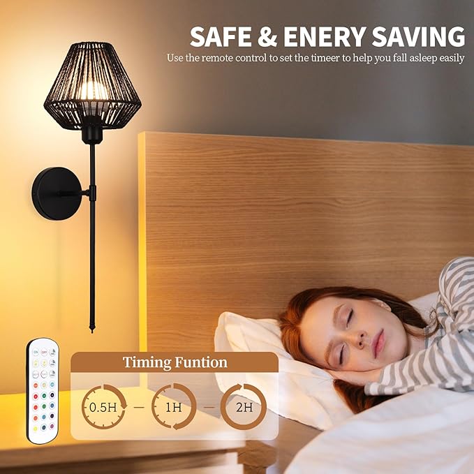 Battery Operated Wall Sconces Set of 2,Rattan Rechargeable Wall Light Dimmable with Remote Control,15 Color Changing and Timer,Boho Wireless Black Wall Lamps for Bedroom,Living Room - Bloomnest