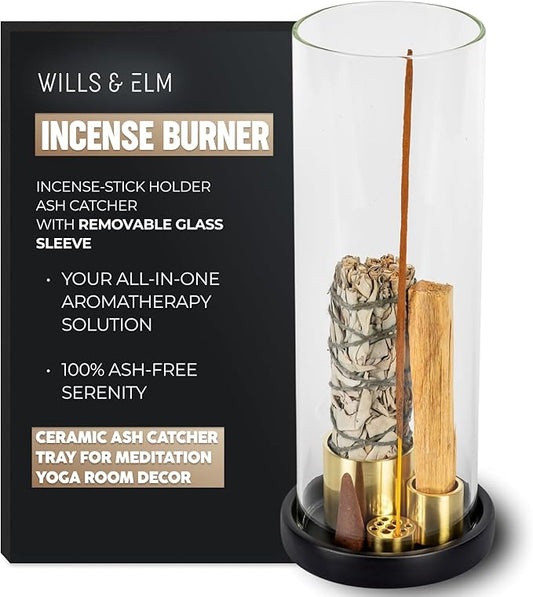 4 in 1 Ceramic Incense Burner with Glass Ash Catcher, Incense Holder for Sticks, Palo Santo, Sage and Cones - Ceramic Ash Catcher Tray for Meditation Yoga Room Home Decor - Black - Bloomnest