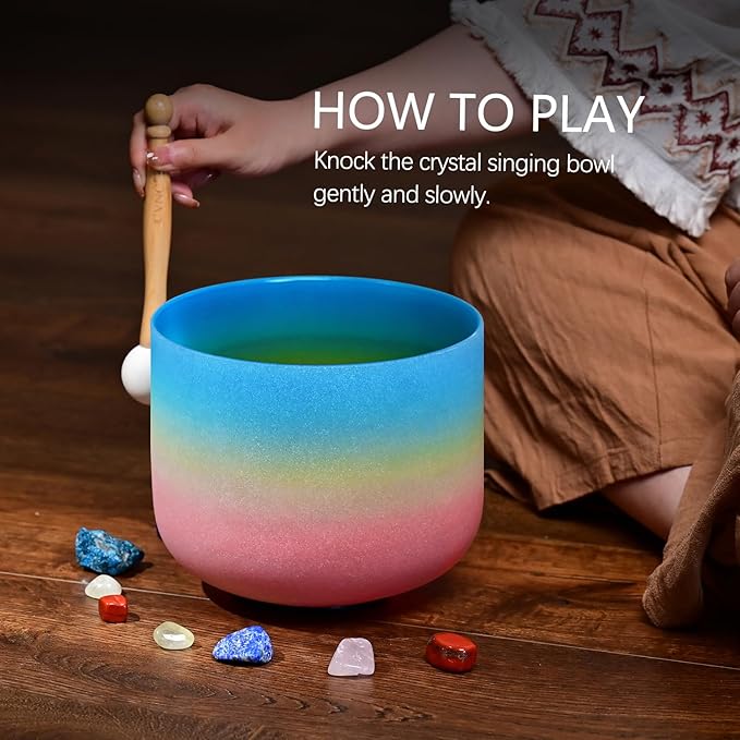CVNC 440HZ 8 Inch Rainbow Colored G Note Throat Chakra Frosted Quartz Crystal Singing Bowl for Sound Healing and Meditation - Bloomnest