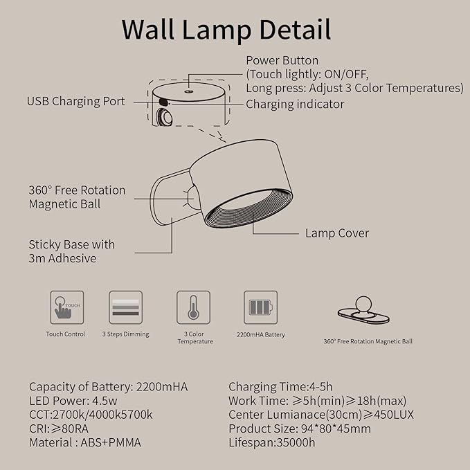 Led Wall Sconces, Wall Lamps with Battery Operated, Wall Mounted Cordless Lights with 3 Color Temperature&3 Brightness, 360° Magnetic Ball, USB Charging Port for Reading Study Bedside - Bloomnest