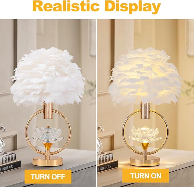 ZYLEIESENBAO Chic White Feather Lamp 17IN Modern Crystal Fluffy Table Lamp Cute Romantic Bedside Nightstand Light Nordic Furry Desk Lamp for Girl Bedroom Living Room Entry Office Hotel Party Wedding - Bloomnest