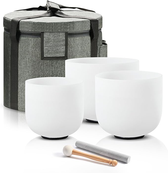 CVNC 432HZ Sound Healing Set of 3 Crystal Singing Bowls, Frosted Chakra Quartz Crystal Sound Bowl with Carry Bags 7'' C Root 8'' F Heart 9'' G Throat - Bloomnest