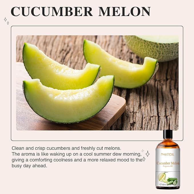 PHATOIL Cucumber Melon Fragrance Oils for Aromatherapy, 3.38FL.OZ Diffuser Oils for Home, Perfect for Aromatherapy, Humidifiers, Yoga, DIY Candle and Soap Making - 100ml - Bloomnest