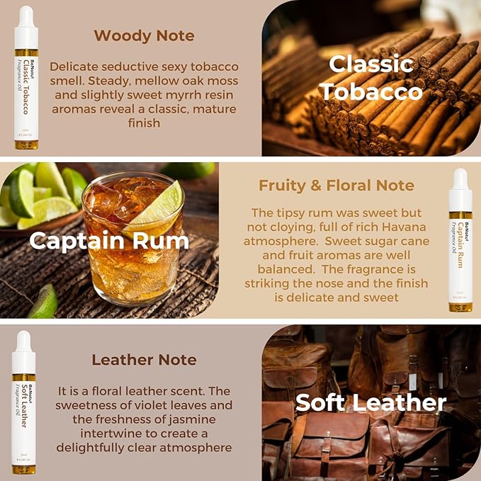Benatu Gentleman Premium Fragrance Oils Set for Diffuser, Candle, Soap Making - Men Scents Aromatherapy Perfume Oil Gift for Home (Tobacco, Rum, Leather, Ebony, Spice Cinnamon, Oak Cologne) 6 Pcs - Bloomnest