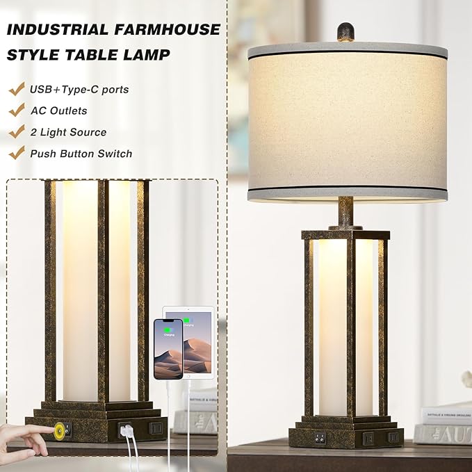 27" Tall Vintage Table Lamp Set of 2 with USB C+A & Outlet,Bronze Industrial End Table Lamp for Living Room,Farmhouse Rustic Bedside Lamps with Frosted Glass Night Light for Bedroom Nightstand,Bronze - Bloomnest