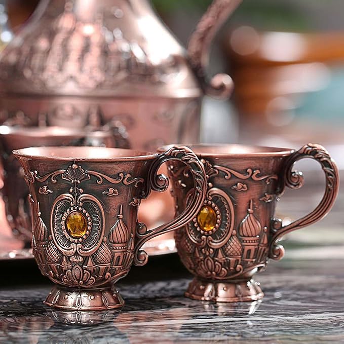 Vintage Turkish Coffee Pot Set for 6 Including Tray and Teapot,Metal Cups,Teapot and Cup Set for One,Tea Service Set for Home Tea Table Decor,Wedding Ornaments(Copper)