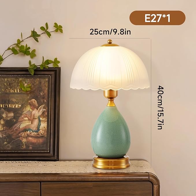 Table Lamps for Bedroom Vintage Golden Table Lamps for Bedroom Ceramic Retro Lamp for Living Room,16" Modern Bedside Nightstand Traditional Lamps, Classic Chinoiserie Green Glass Lamp for Home Decor - Bloomnest