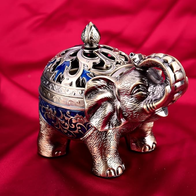 K COOL Metal Backflow Incense Holder Elephant Cone Incense Burner Candle Holder with Lid, Aromatherapy Ornament Home Office Decoration for Indoor Outdoor (Navy Blue) - Bloomnest