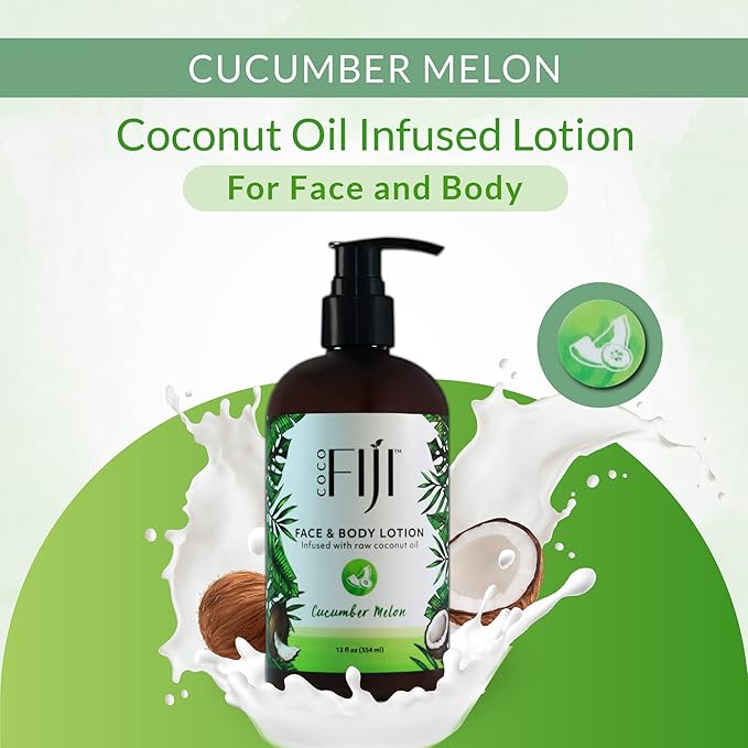 Coco Fiji Face & Body Lotion Infused With Coconut Oil | Lotion for Dry Skin | Moisturizer Face Cream & Massage Lotion for Women & Men | Cucumber Melon 12 oz, Pack of 3 - Bloomnest