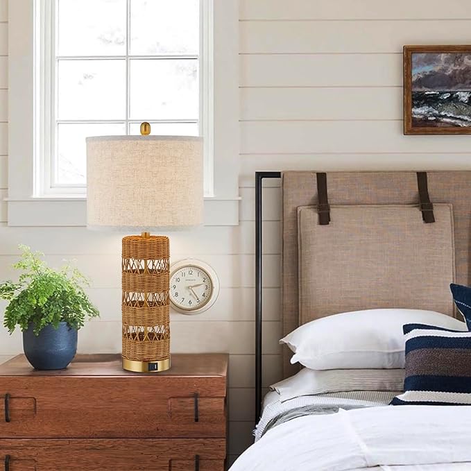 Boho Rattan Stylish & Functional & Versatile Decor USB Table Lamps Set of 2-28" Farmhouse Bedside Lights,Bulbs Included - Bloomnest