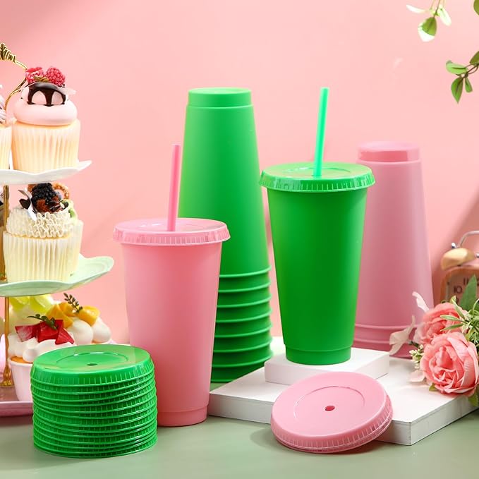 Honeydak 30 Pack Tumbler with Straw and Lid Bulk Water Bottle Iced Coffee Travel Mug Cup Reusable Plastic Cups for Party Birthdays 24-27 oz (Pink and Green Color) - Bloomnest