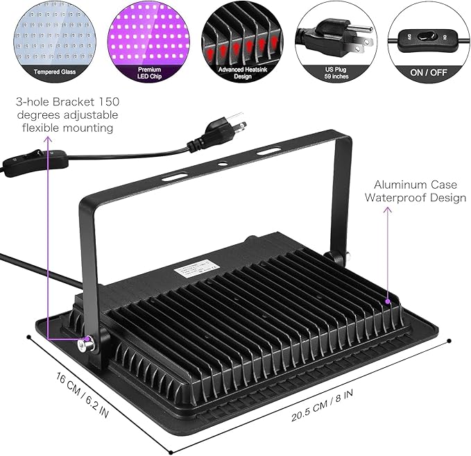 3 Pack 100W LED Black Lights, Blacklight Flood Light with Plug and Switch, 120V IP66 Waterproof Blacklight for Halloween Party, Glow in The Dark, Stage Light, Body Paint, Neon Glow - Bloomnest
