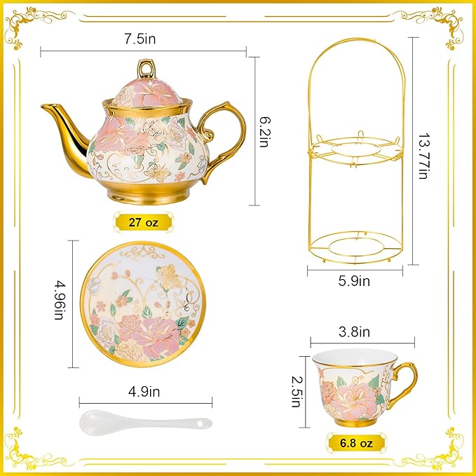 20 Pieces European Ceramic Tea Set for Adults With Metal Holder and Flower Painting (Large Cream Version) - Bloomnest