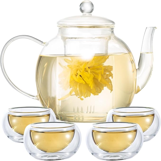 Glass Teapot Set with 4 Teacups, 1500 ml/50 oz Tea Pot with Infusers for Loose Tea and Flower Tea, Stovetop and Microwave Safe Borosilicate Glass Tea Kettle, Tea Gift Sets for Tea Lovers - Bloomnest